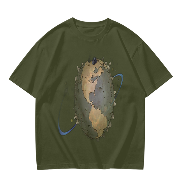 Olive Green T-Shirt With Distorted Earth Graphic Print