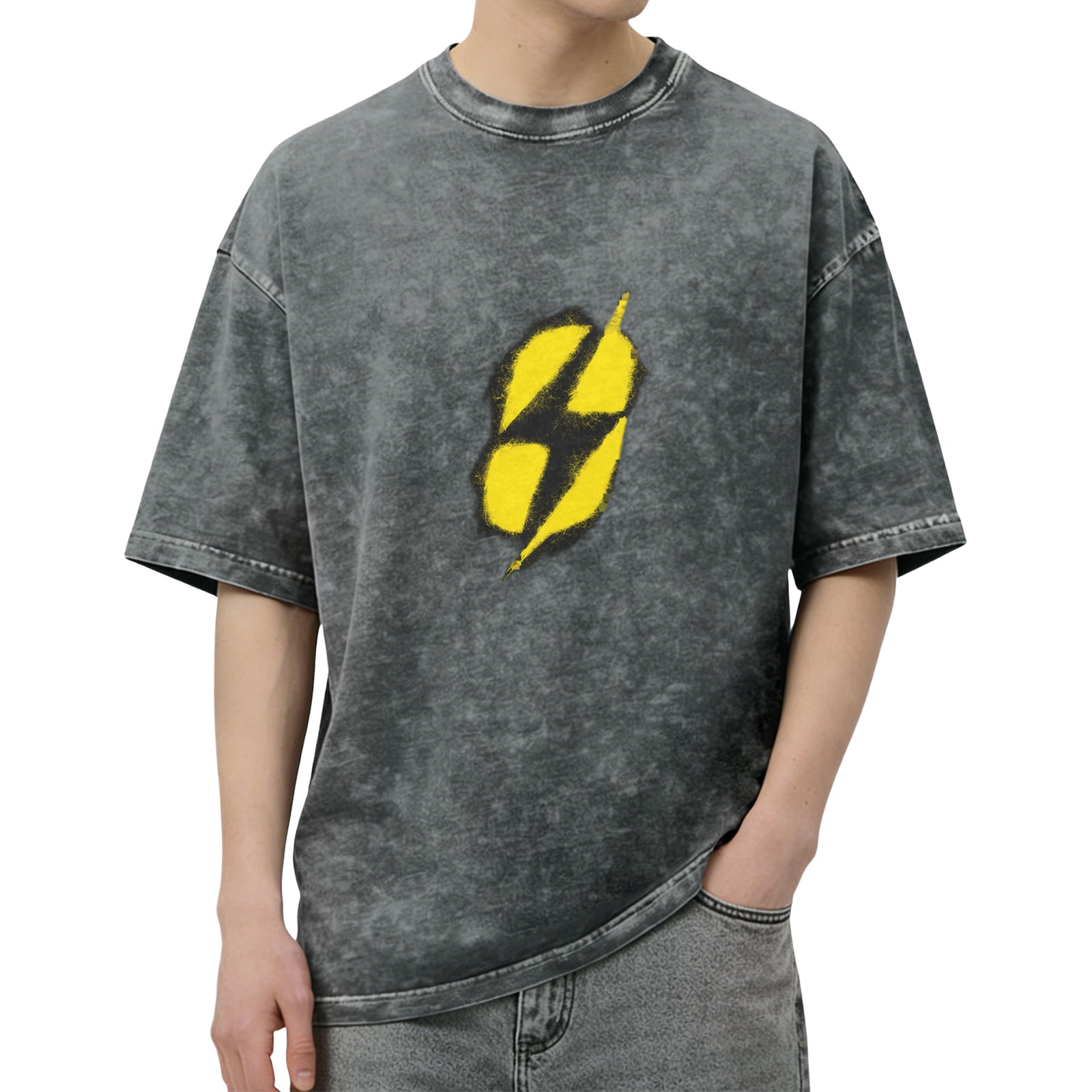 Washed Black T-Shirt With Yellow Lightning Bolt Graphic