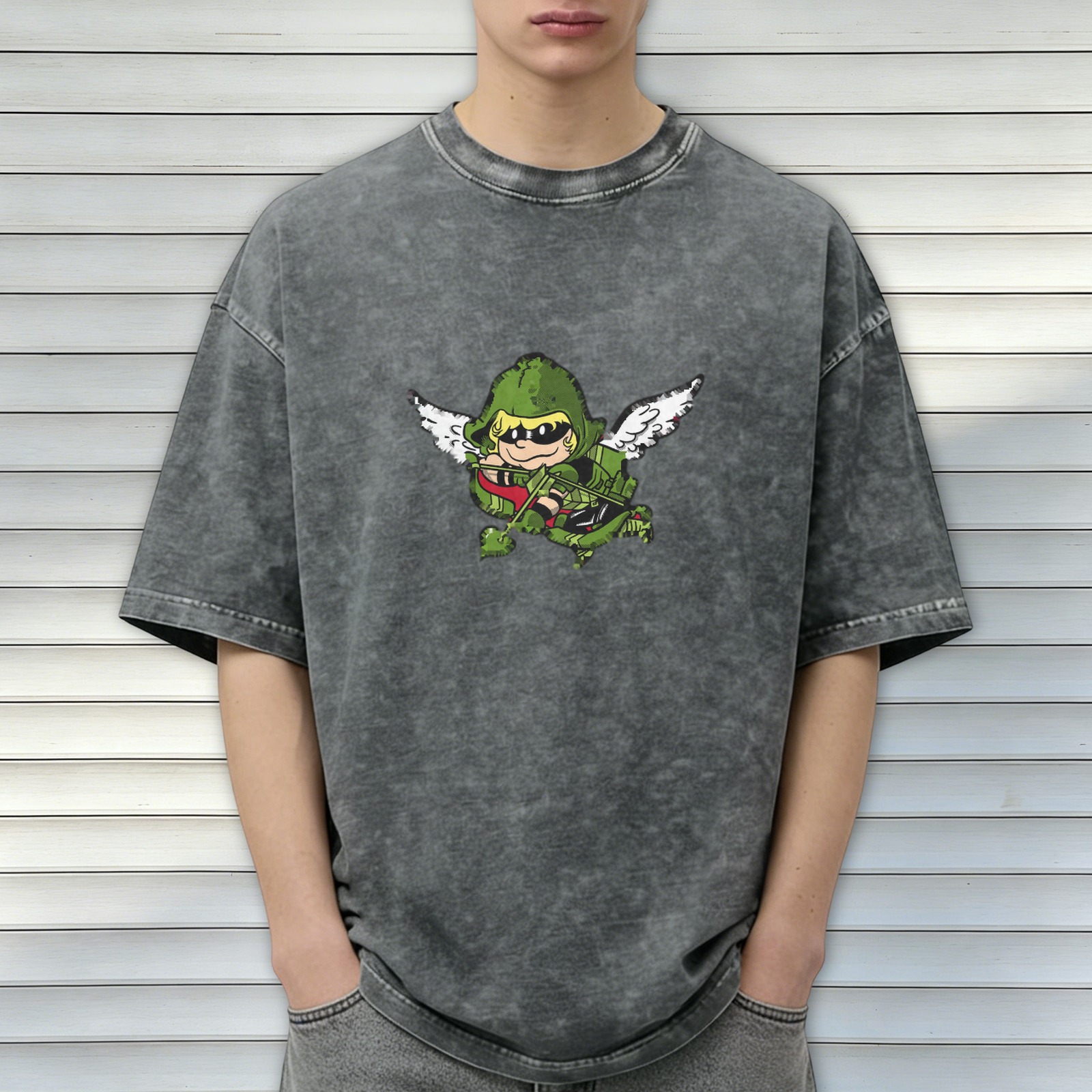 Washed Black T-Shirt With Chibi Green Arrow Angel Print