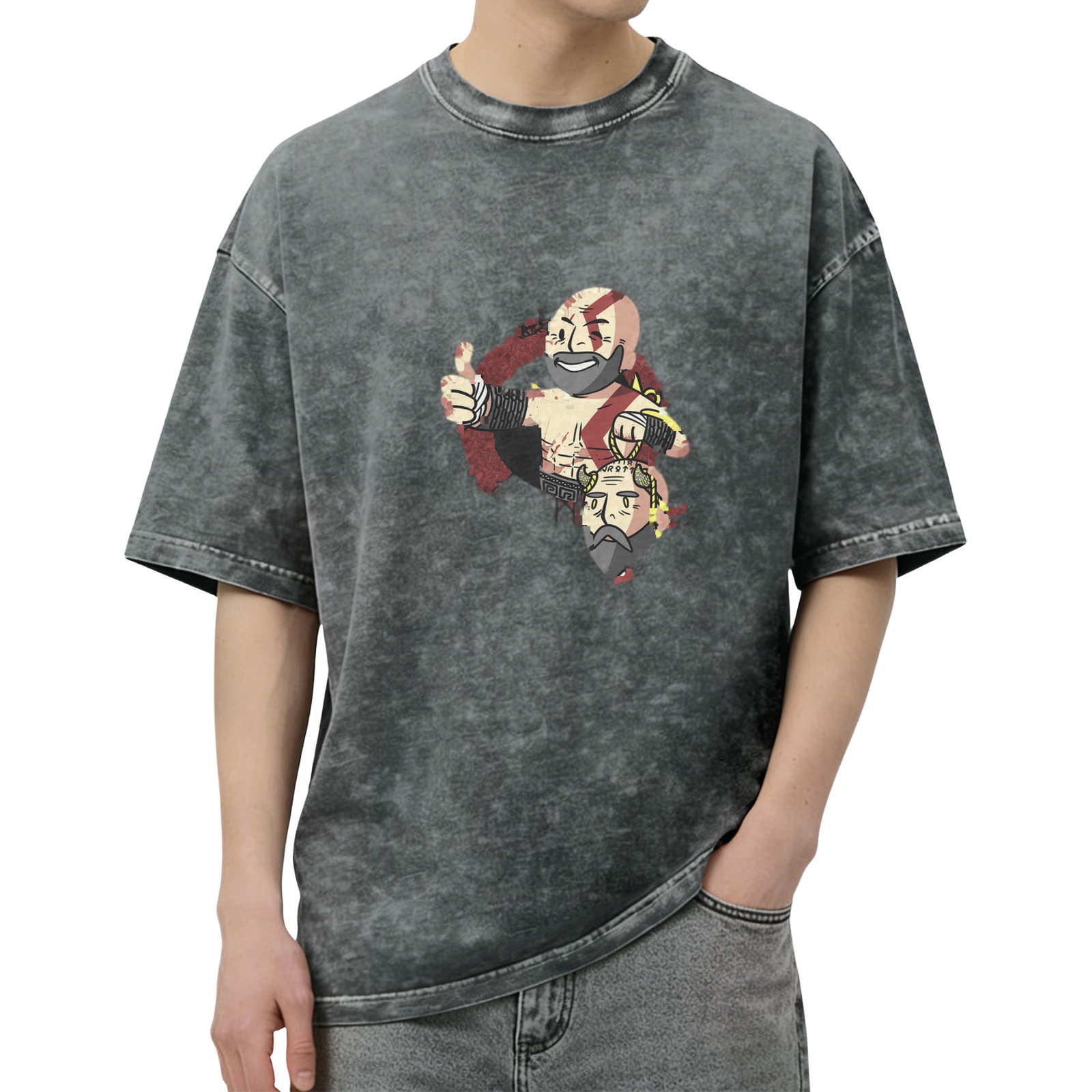 Washed Black T-Shirt with Chibi Kratos Holding Mimir Head Graphic