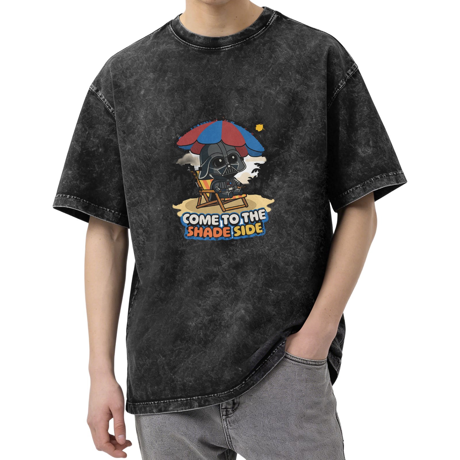 Washed Black T-Shirt with Cute Darth Vader Beach Shade Side Graphic