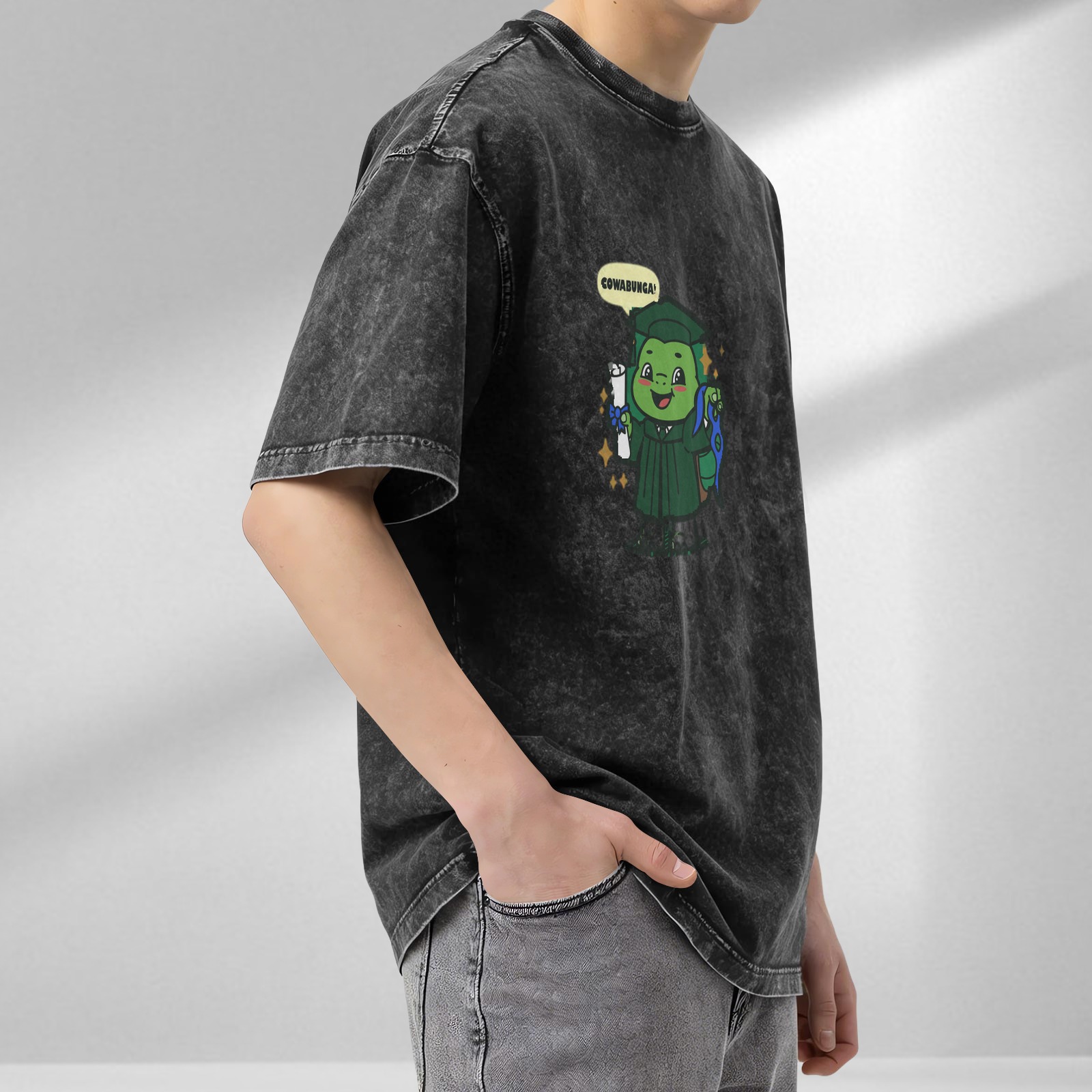 Washed Black T-Shirt with Graduation Turtle Cowabunga Print