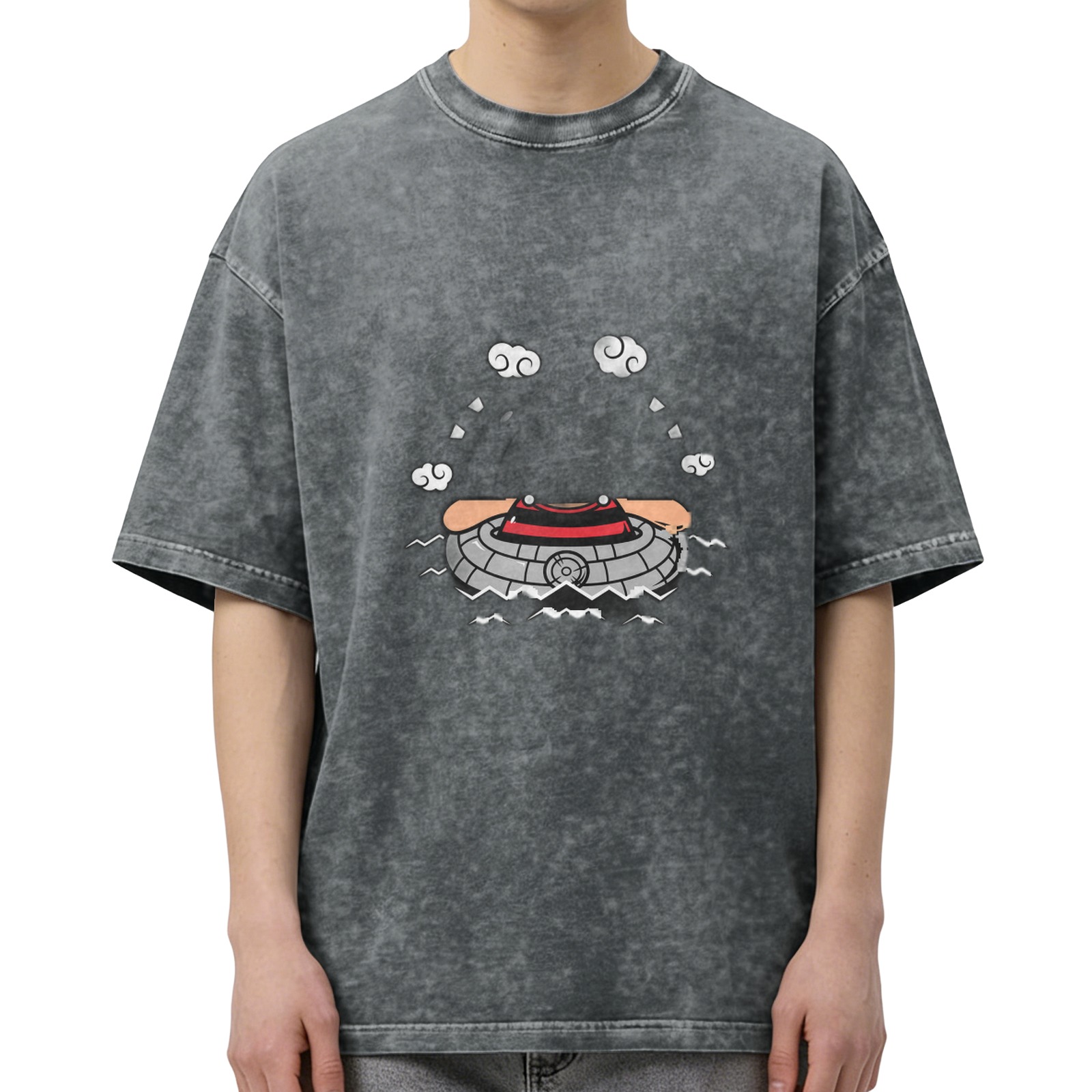Washed Black T-Shirt With UFO Emerging From Water Graphic