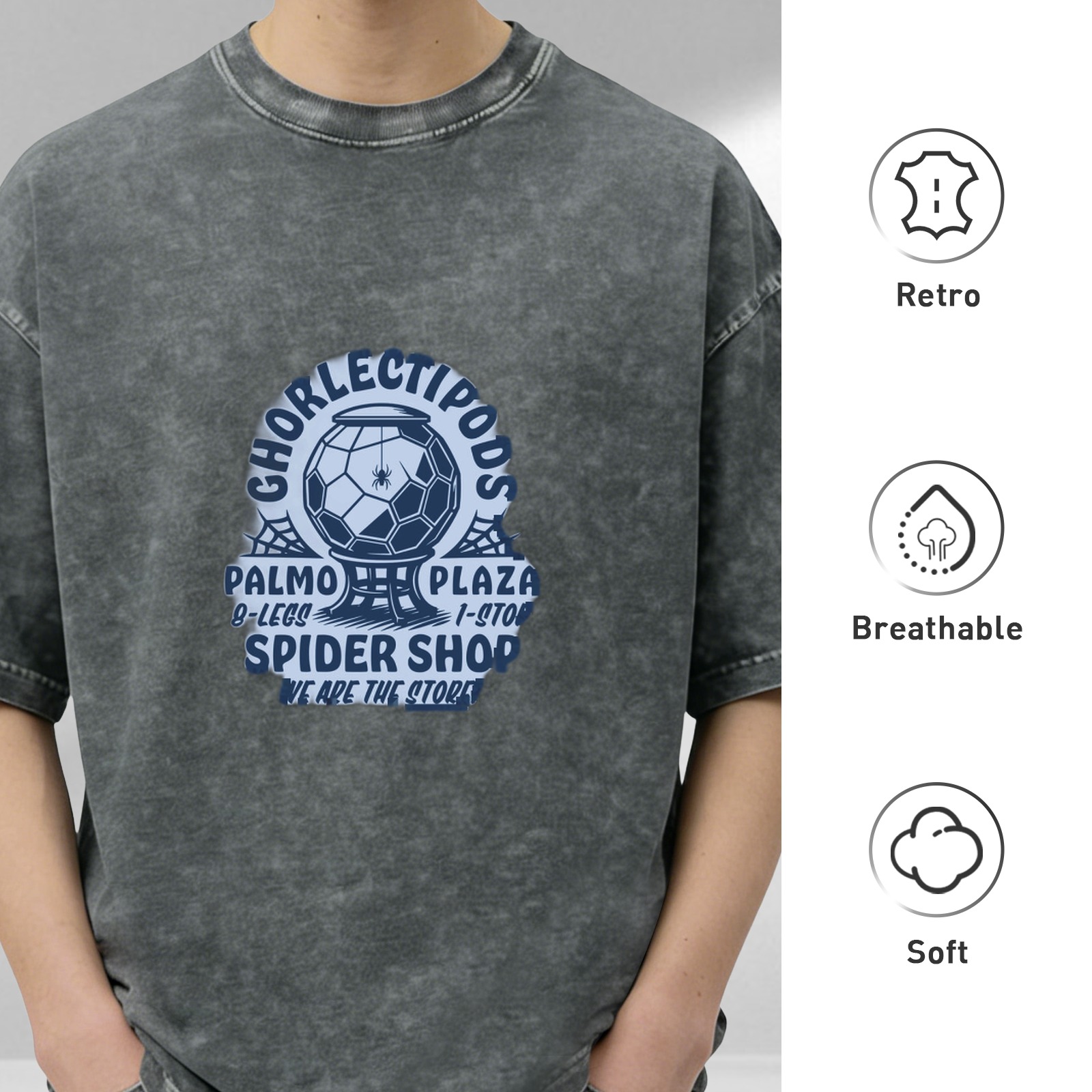 Washed black graphic tee with spider shop themed print