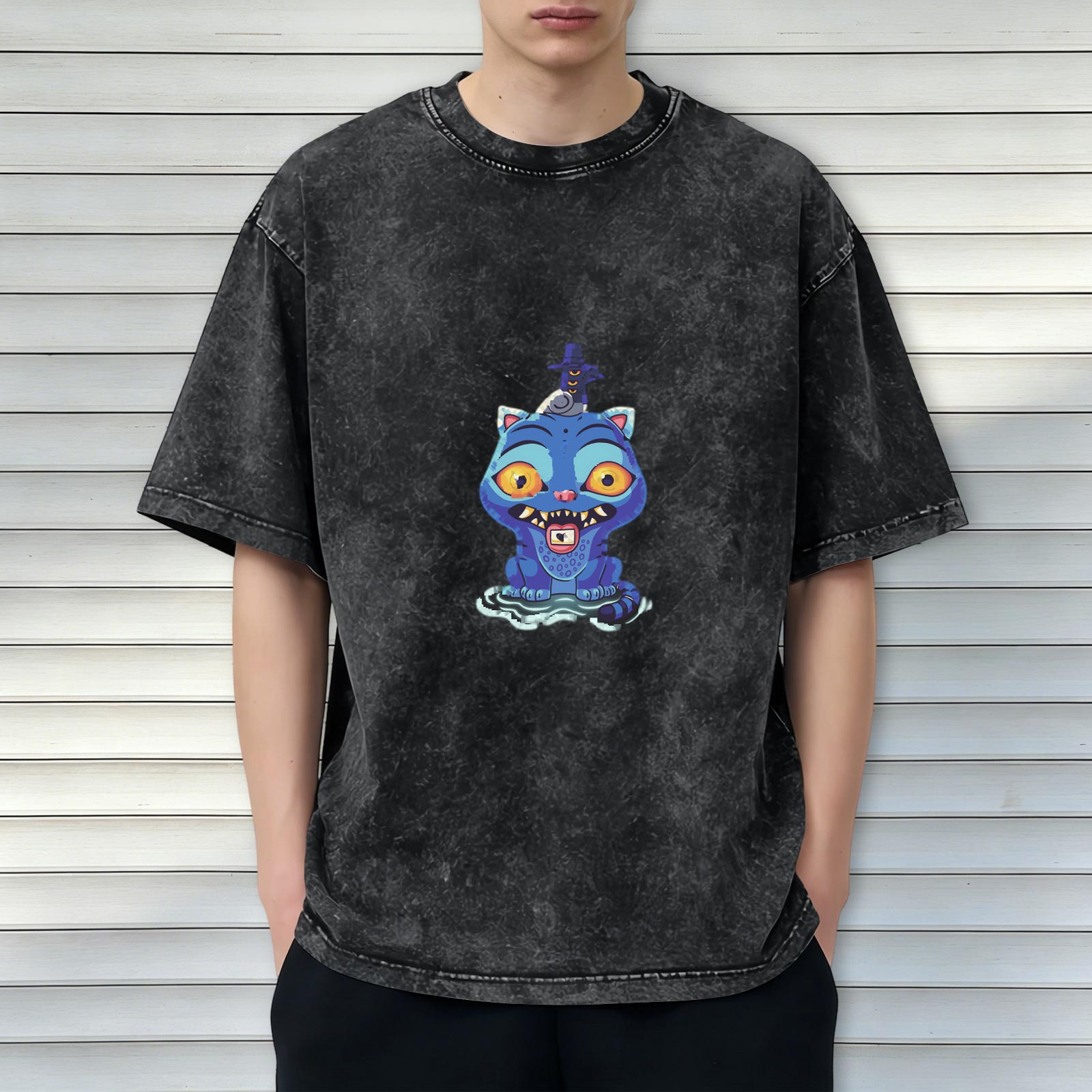 Oversized Acid Wash T-Shirt With Blue Monster Cat Graphic
