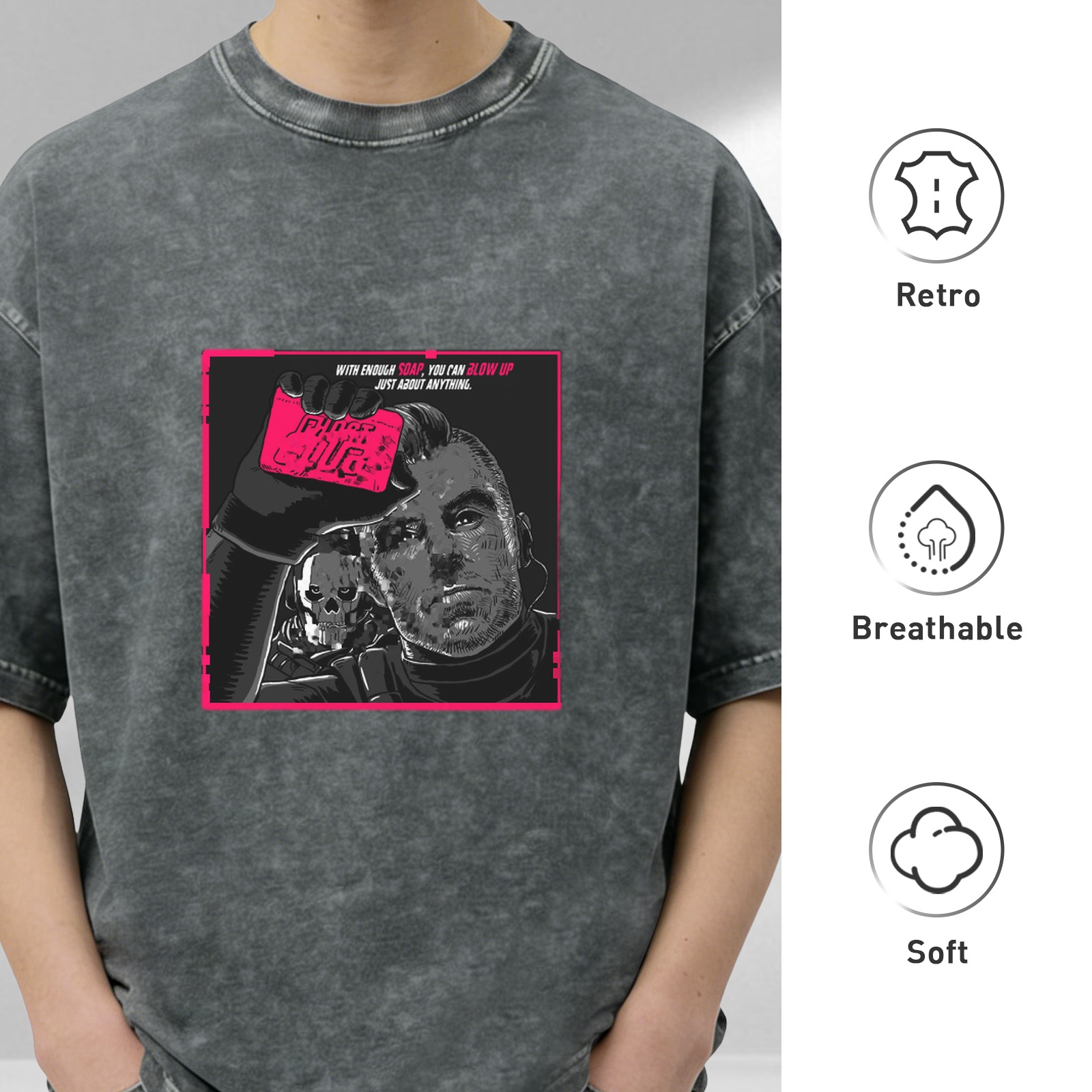 Washed black graphic t-shirt with cyberpunk-style man and skull print