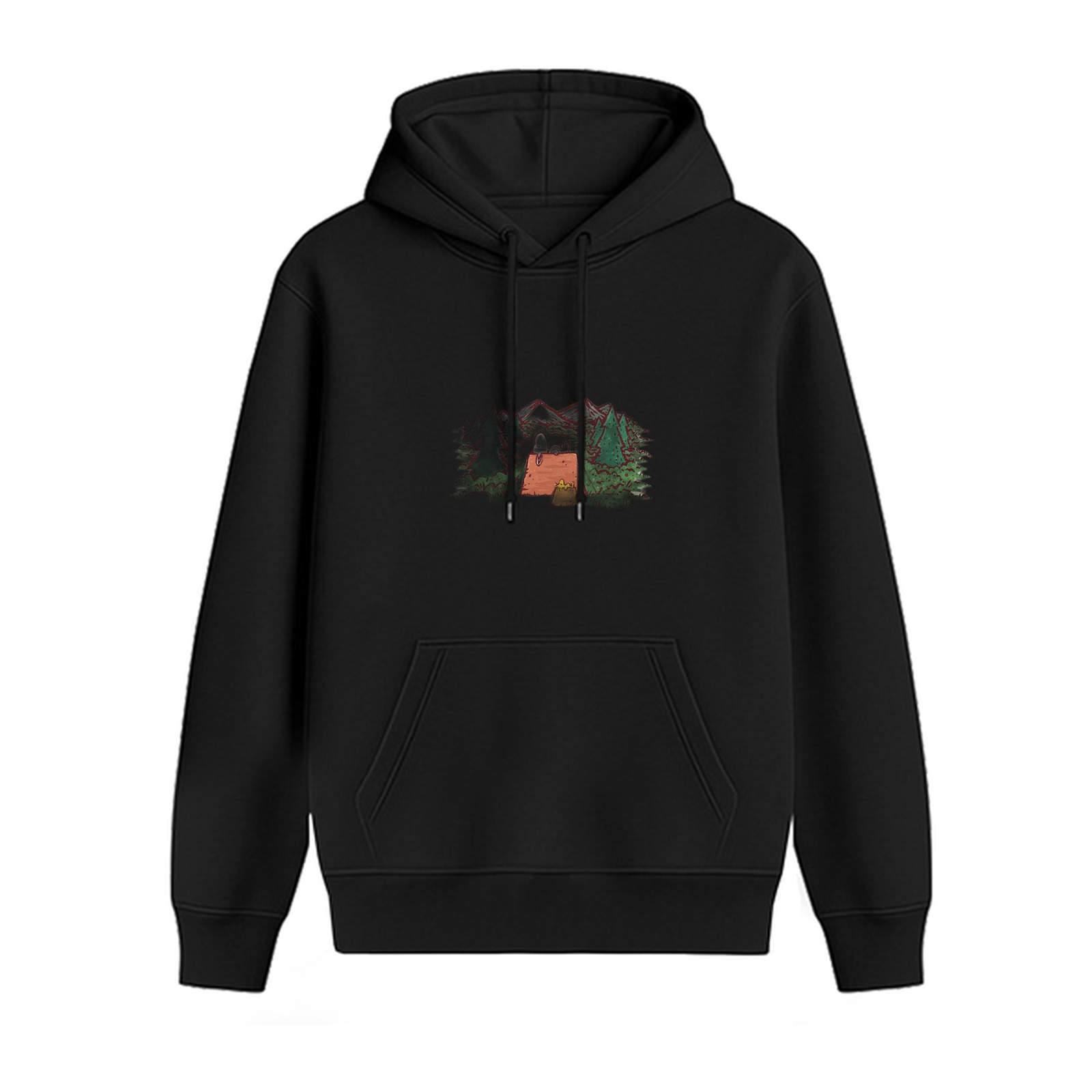 Black Hoodie With Cabin In Forest Graphic Print