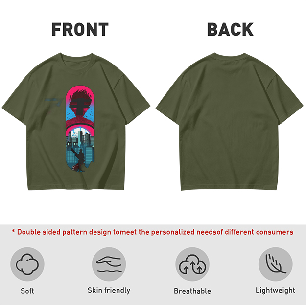Olive T-Shirt With Cyberpunk City And Spiky Silhouette Graphic