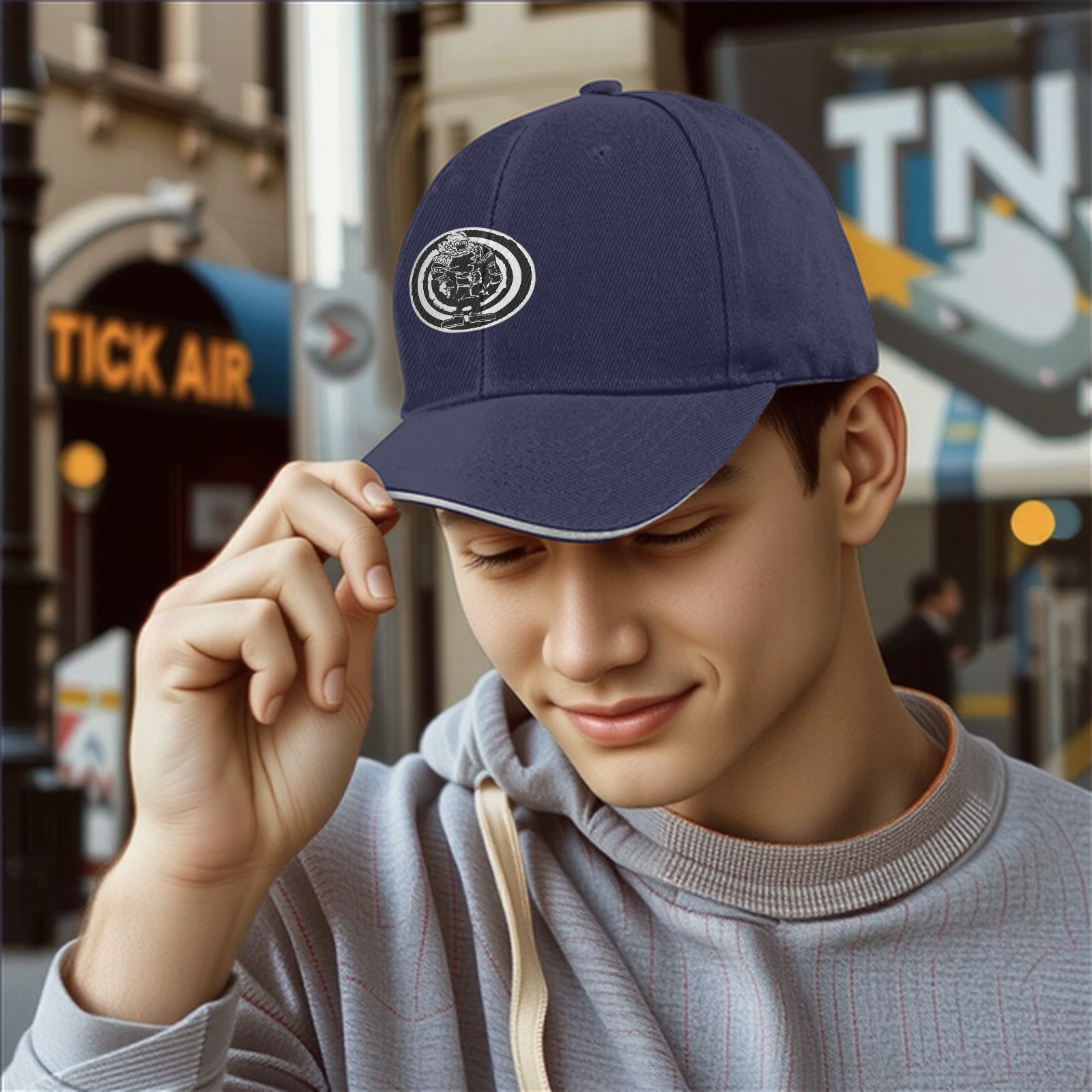 Black Baseball Cap With Circular Monster Graphic Print
