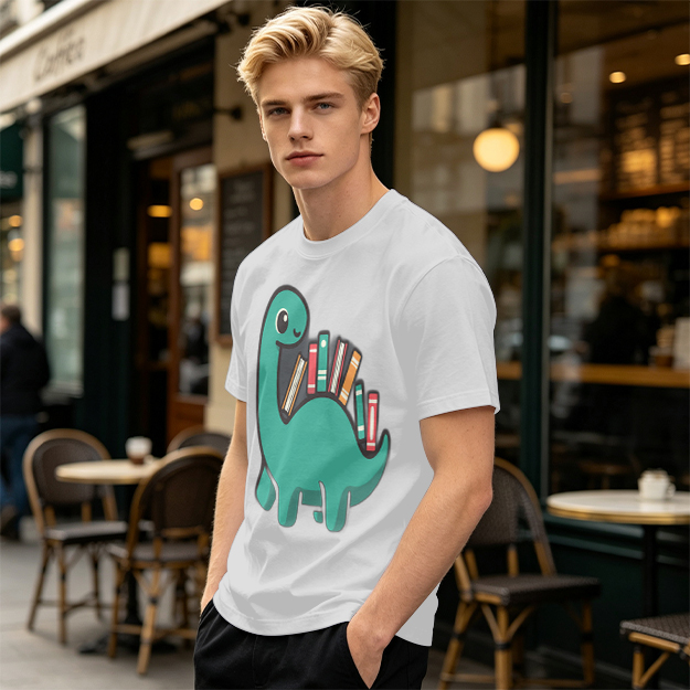 Olive T-shirt with cute dinosaur carrying books graphic