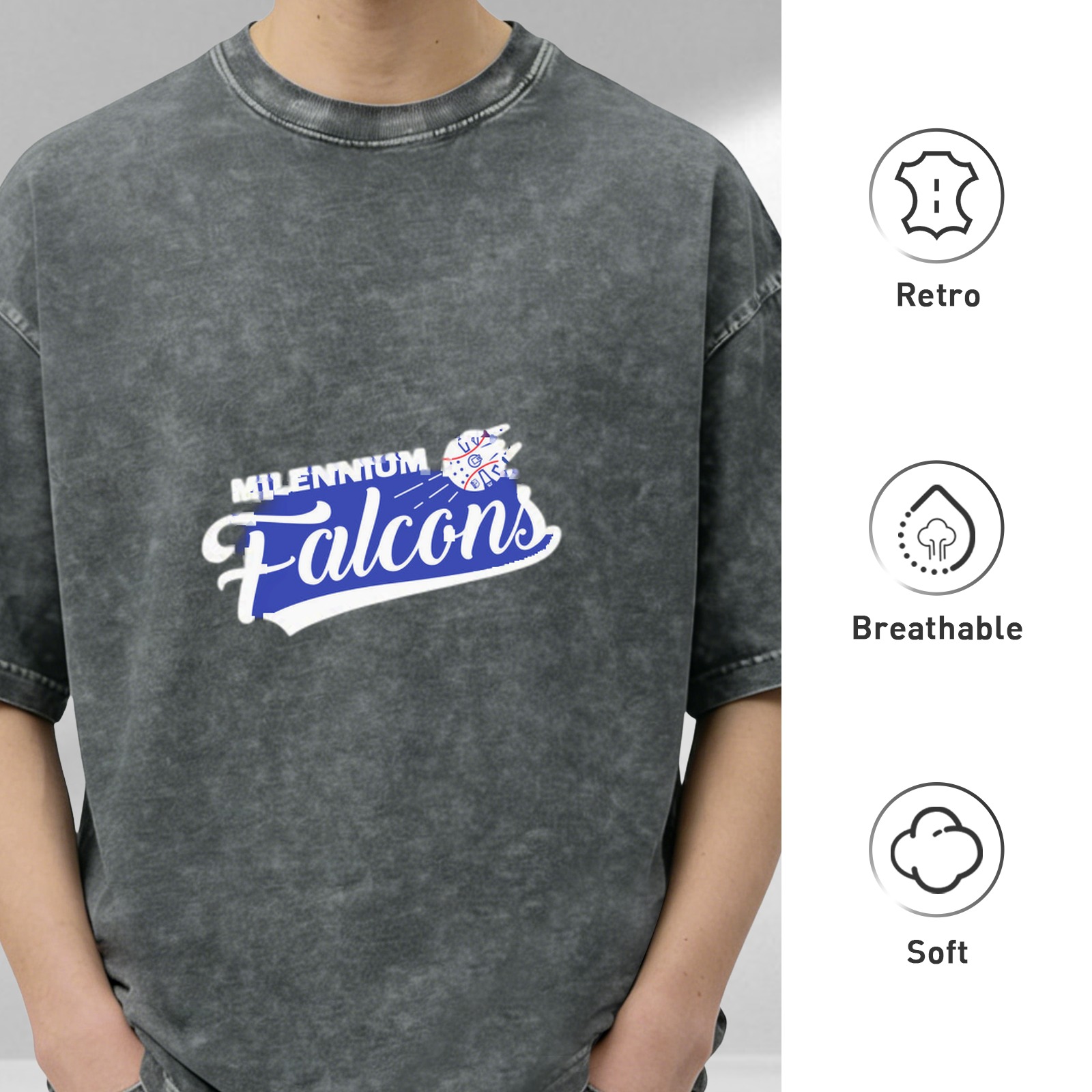 Washed Black Graphic T-Shirt with Millennium Falcons Print