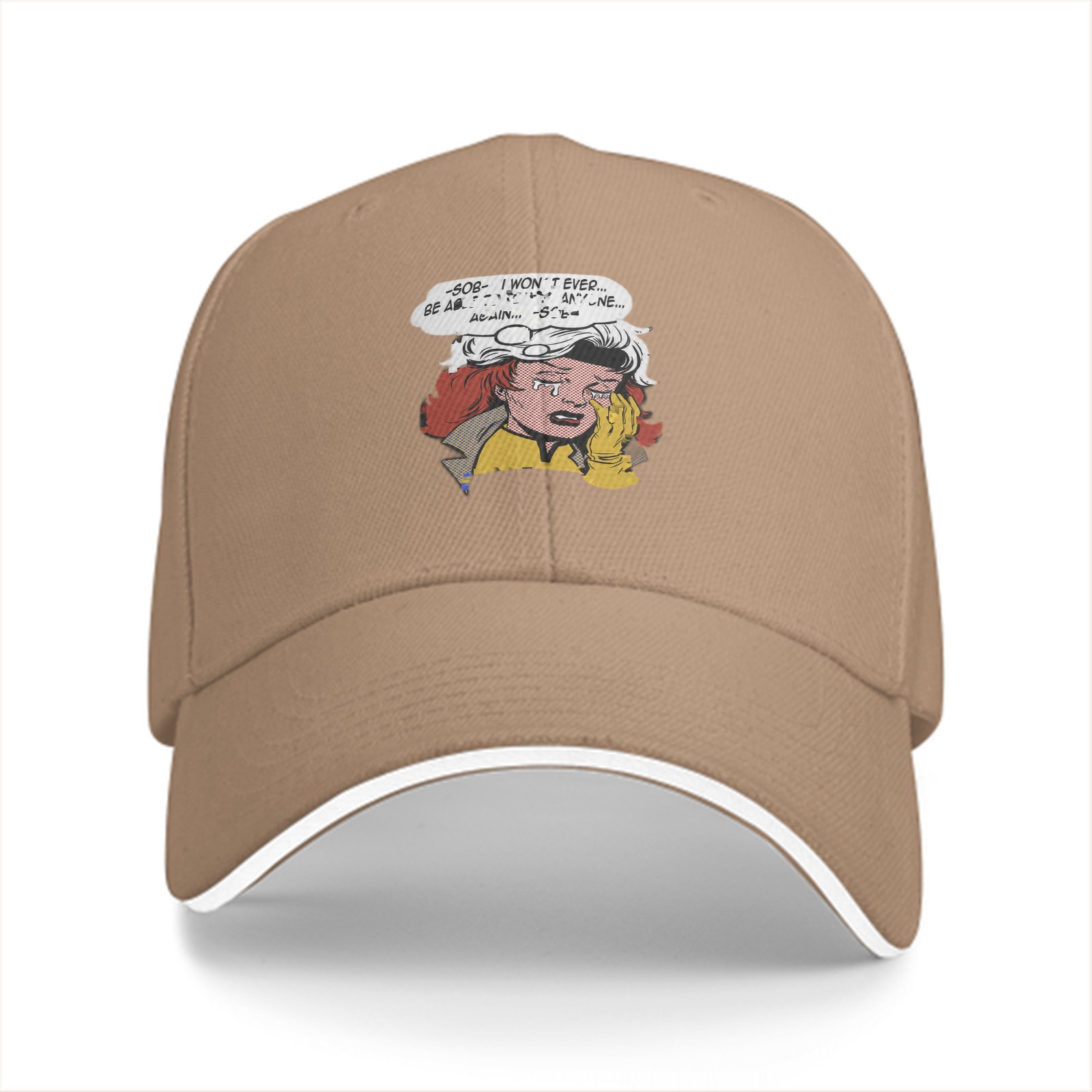 Black baseball cap with crying comic character print