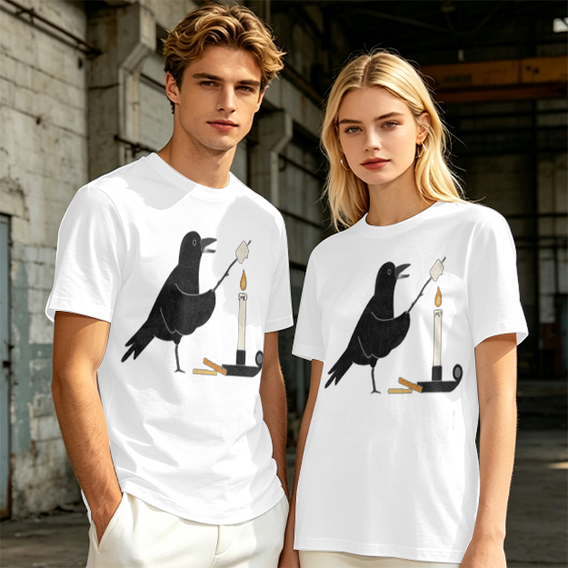 Olive T-Shirt With Crow Roasting Marshmallow Over Candle Print