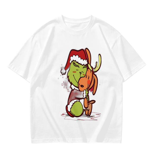 Olive Christmas T-Shirt Featuring Grinch Hugging Max The Reindeer