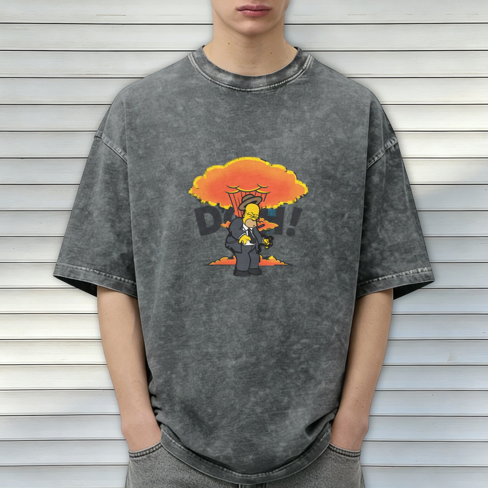 Washed Black T-Shirt with Homer Simpson Nuclear Explosion Graphic