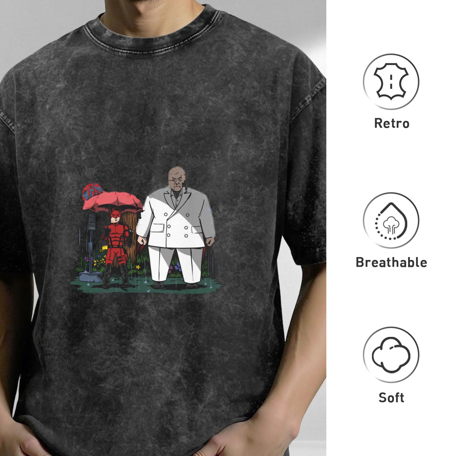 Washed black graphic t-shirt with Daredevil and Kingpin in rain