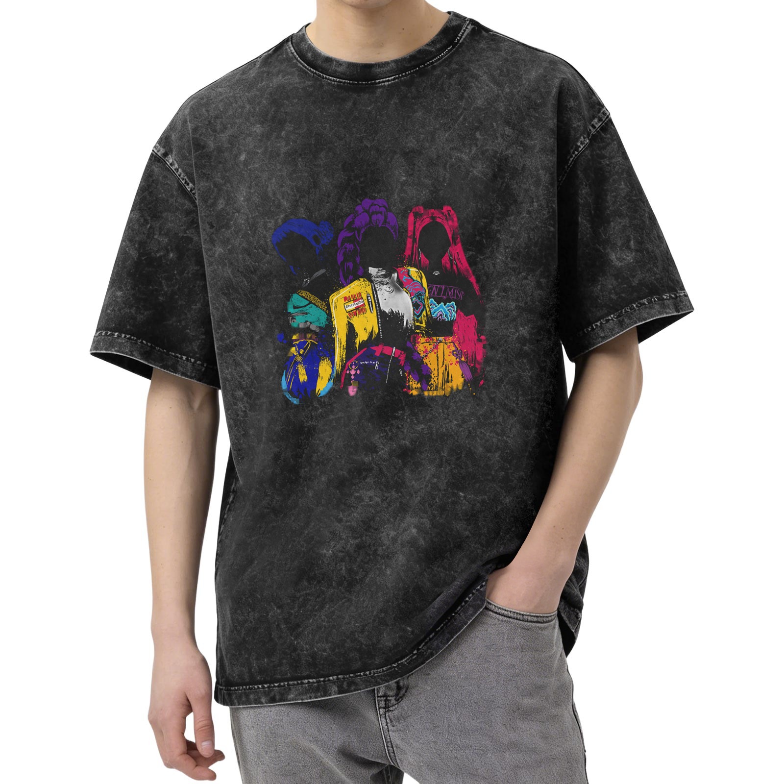 Washed Black Oversized T-Shirt with Colorful Graphic Figures