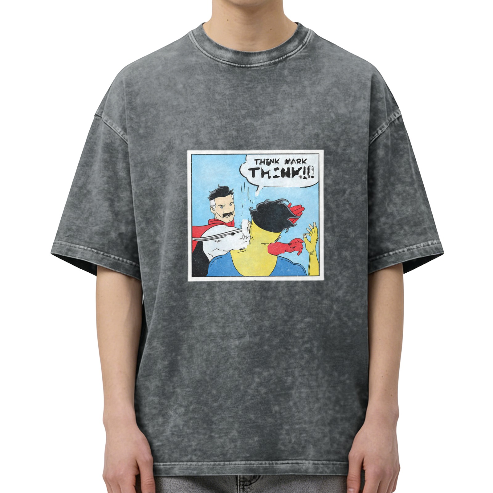 Oversized dark wash t-shirt with Invincible comic panel print