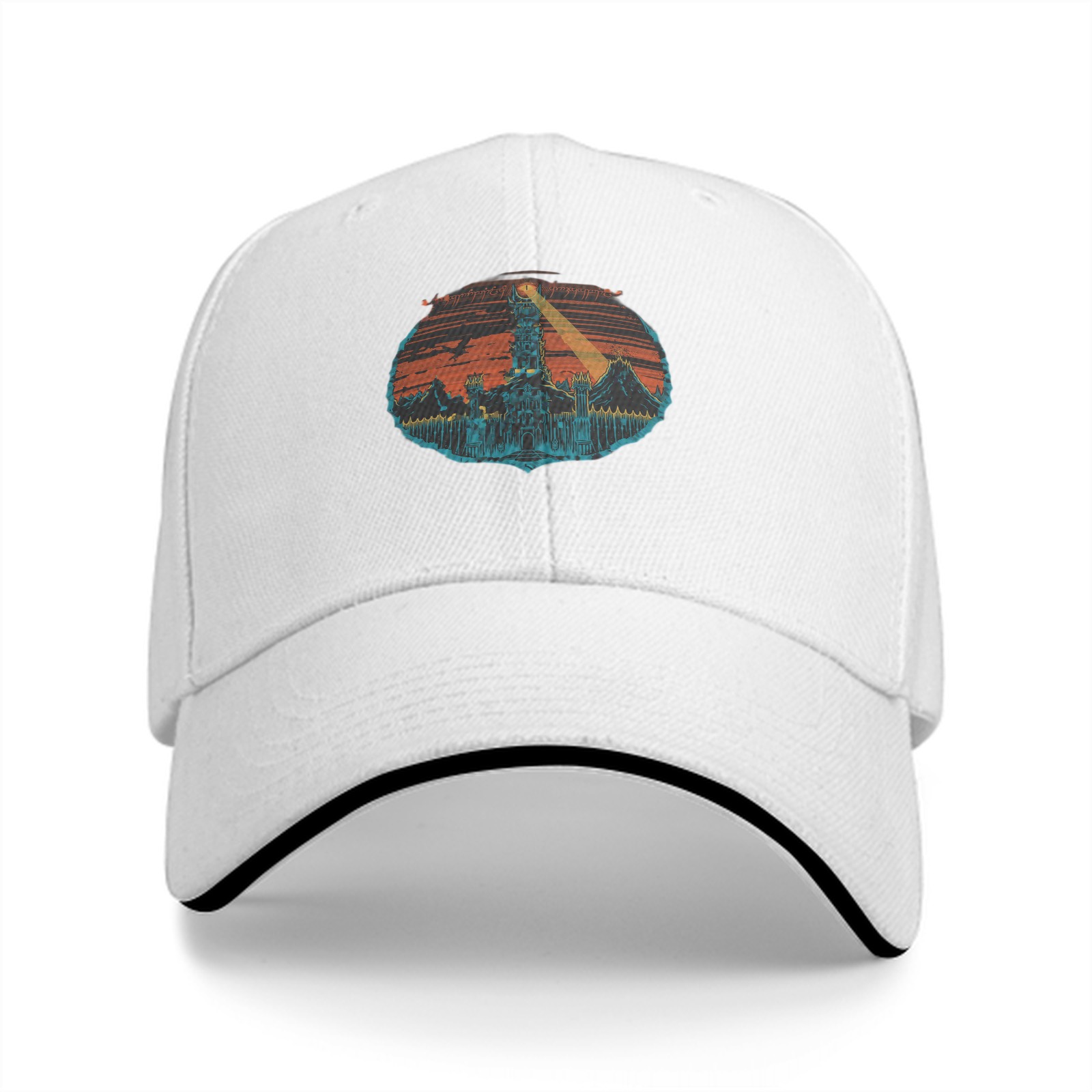Black Baseball Cap with Fantasy Tower Landscape Graphic