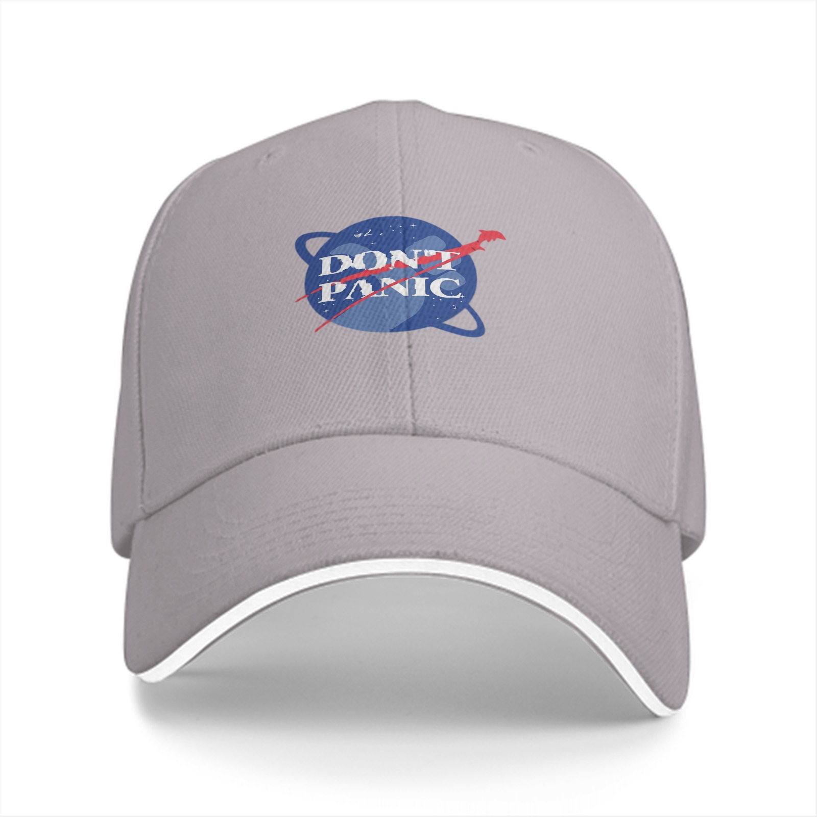 Black baseball cap with Don't Panic NASA-style space graphic
