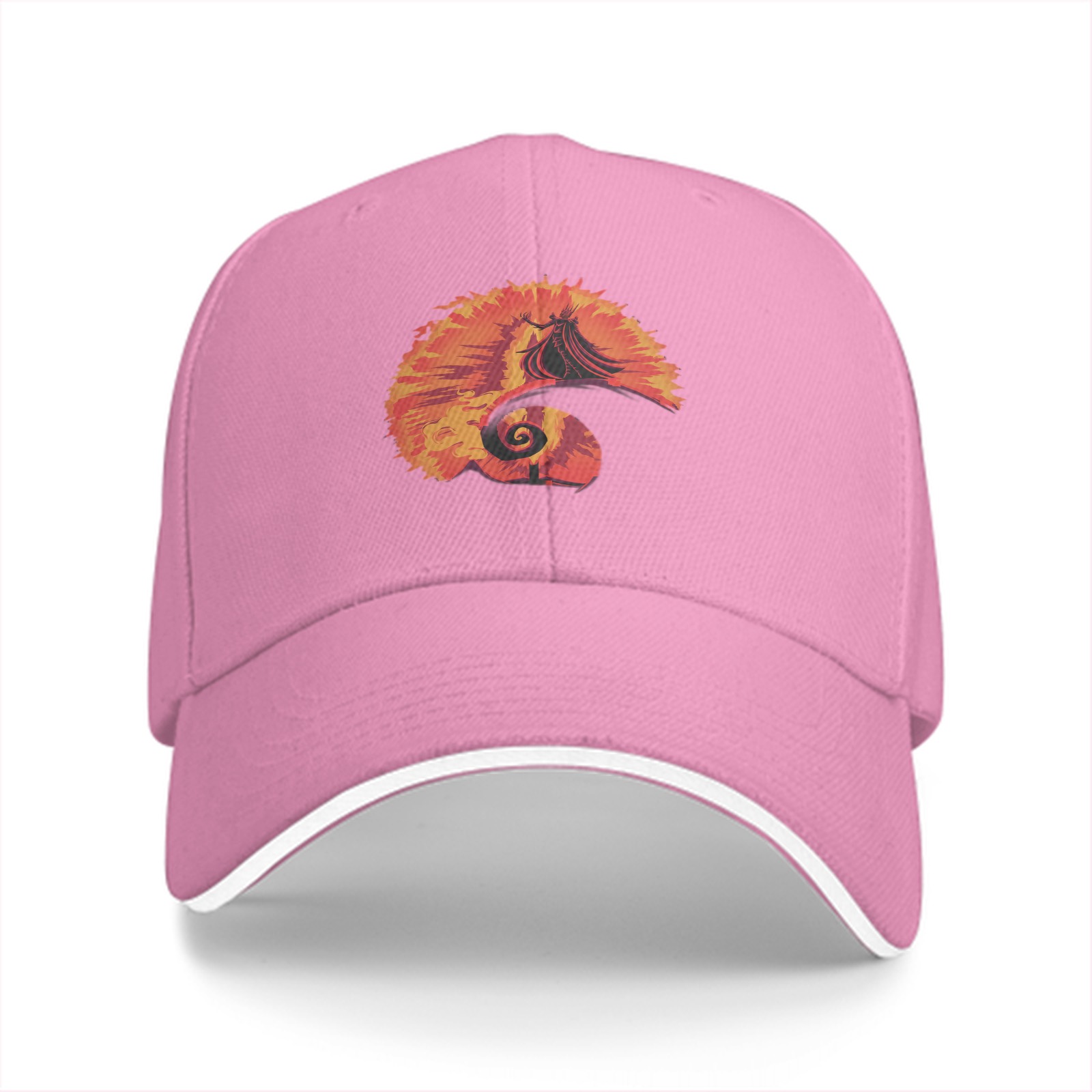 Black baseball cap with fiery spiral silhouette graphic