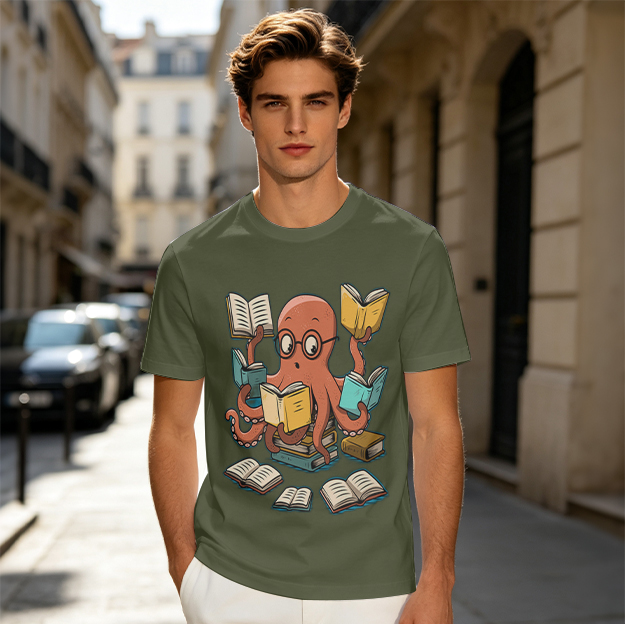 Oversized Olive T-Shirt With Cartoon Octopus Reading Multiple Books