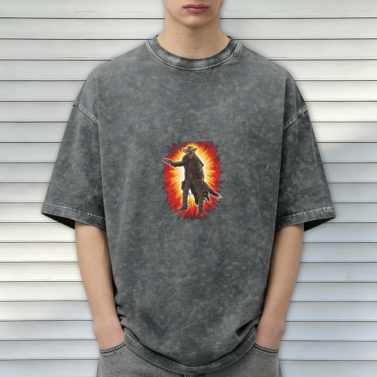 Oversized Dark Wash T-Shirt With Western Gunslinger Explosion Graphic
