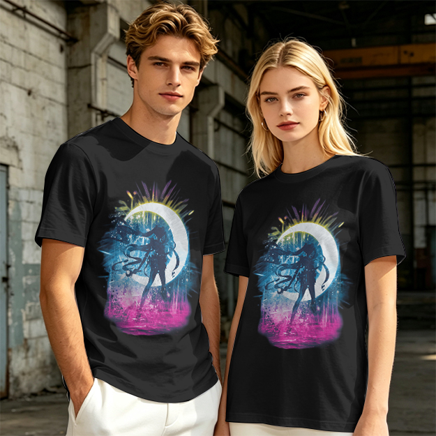 Olive T-Shirt with Crescent Moon Anime Character Silhouette Art