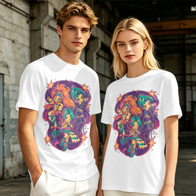 Olive T-Shirt With Vibrant Anime Chibi Characters Graphic Print