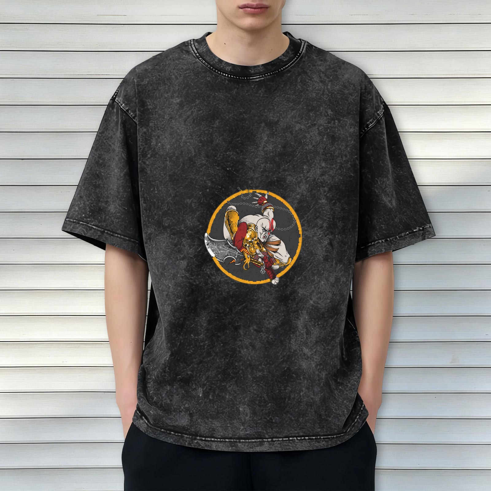 Washed Black Oversized T-Shirt With Kratos Graphic Print