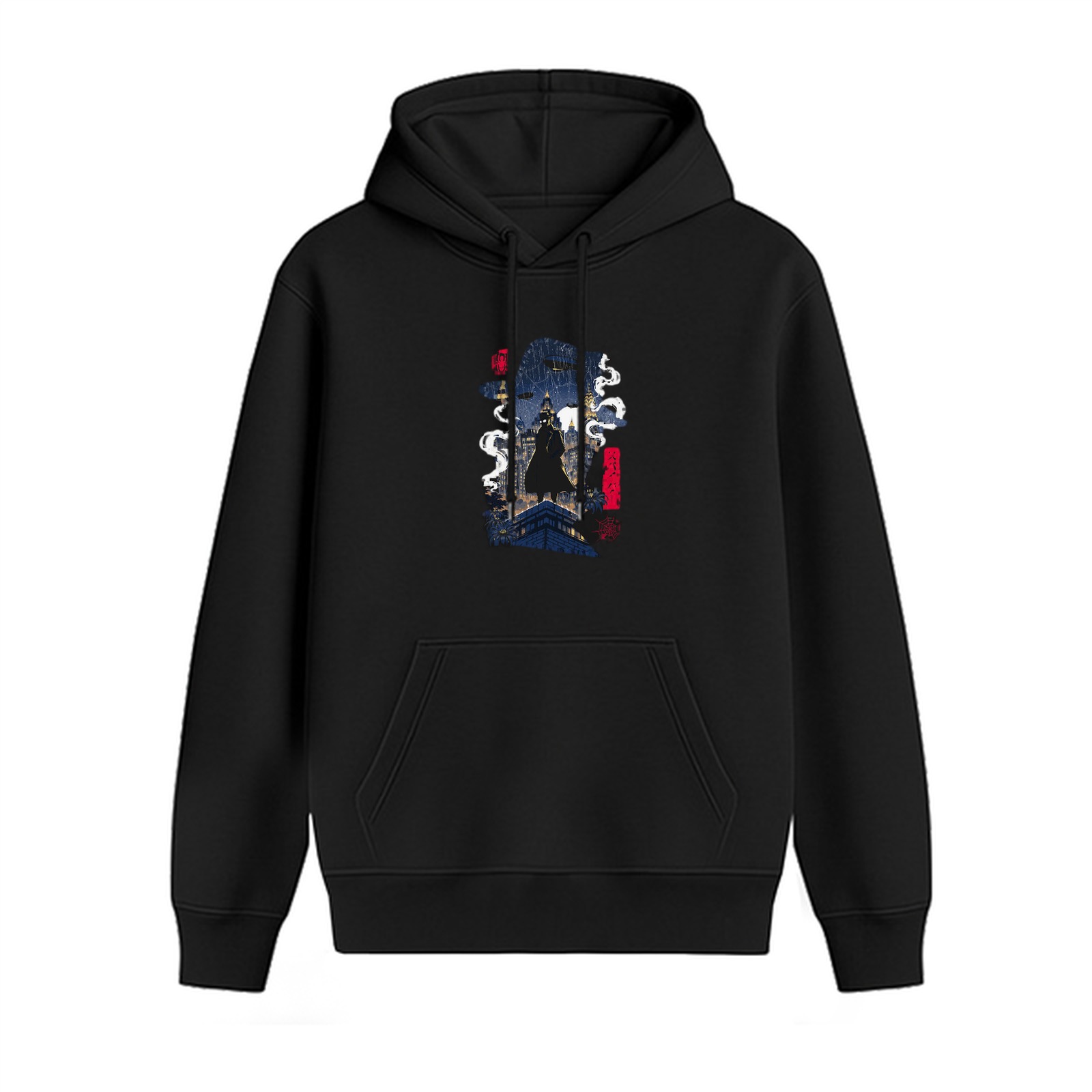Black hoodie with stylized dark urban graphic print