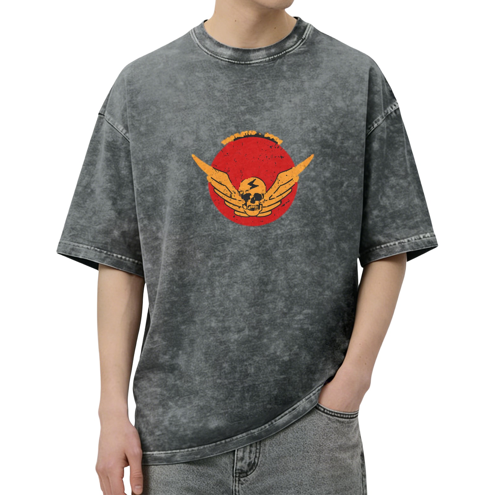 Washed Black Graphic T-Shirt with Winged Skull Red Circle Design