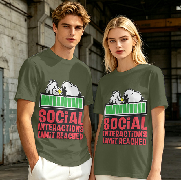 Olive t-shirt with Snoopy 'Social Interactions Limit Reached' print
