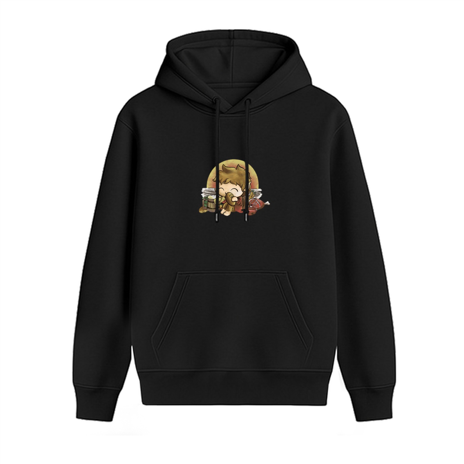 Black Hoodie With Cute Chibi Character Holding Food Graphic