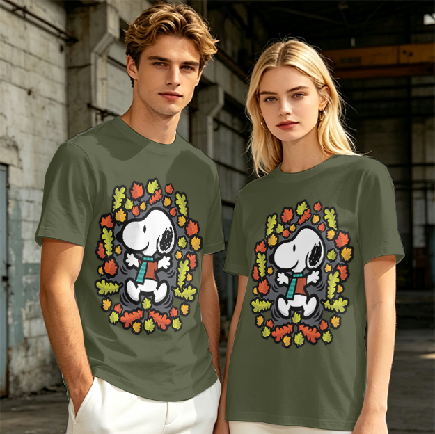 Olive green t-shirt with Snoopy playing in autumn leaves