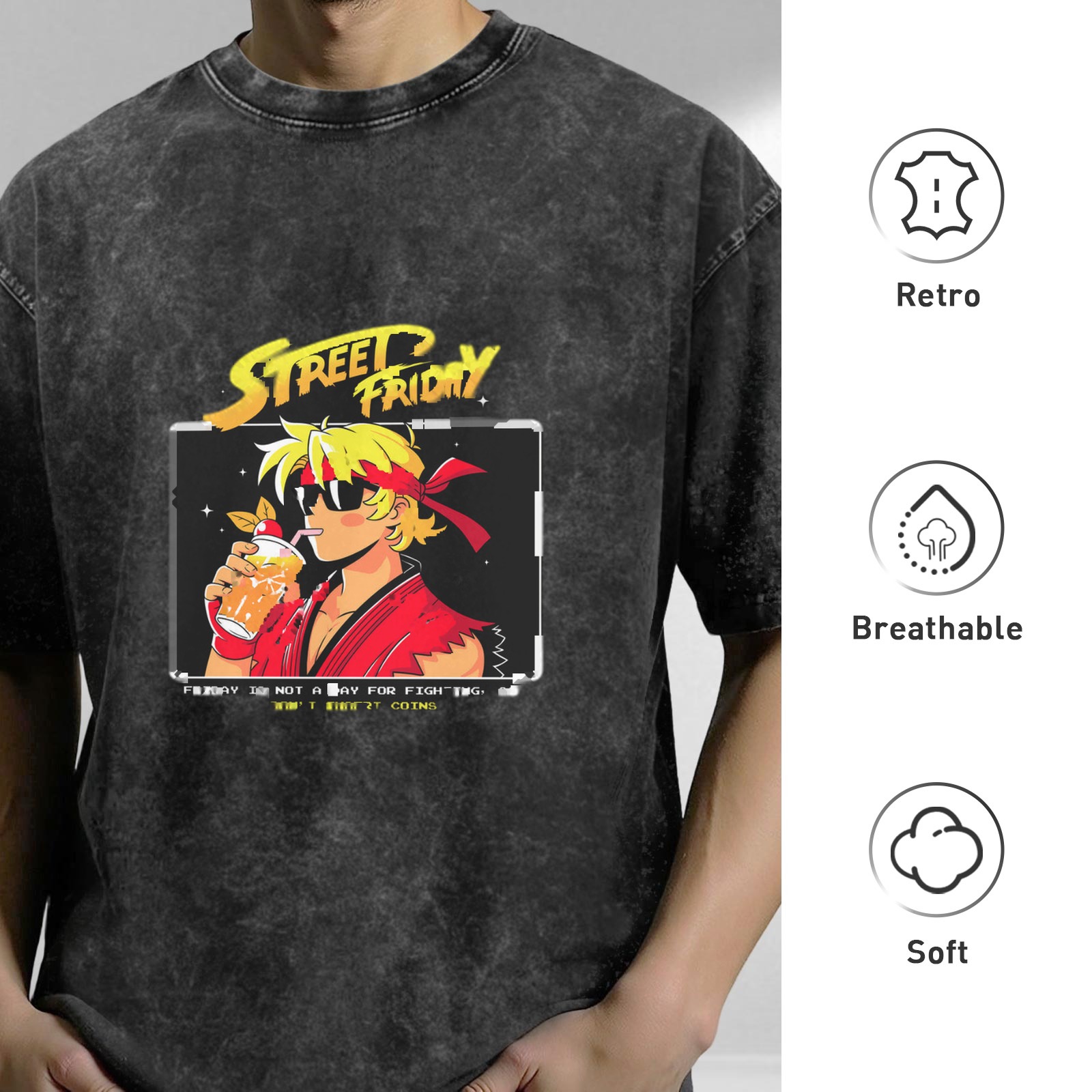 Street Friday Anime Fighter Drink Graphic Acid Wash T-Shirt