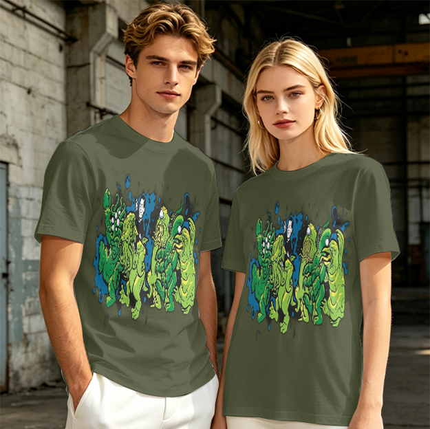 Olive Green T-Shirt With Abstract Green Monster Graphic Print