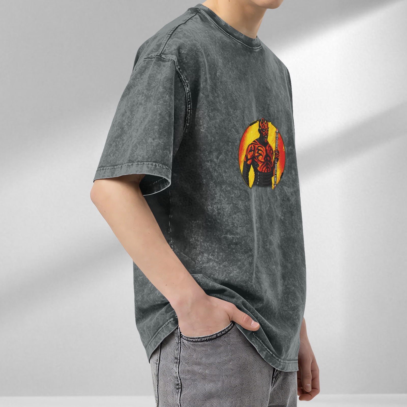 Oversized Acid Wash T-Shirt With Darth Maul Graphic Print