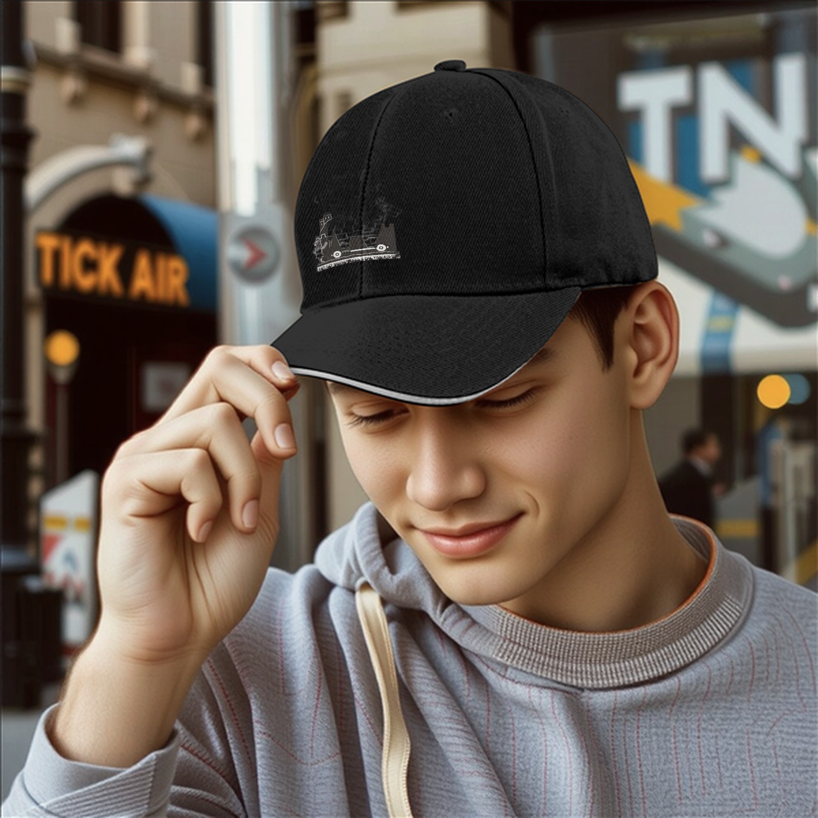 Black baseball cap with monochrome graphic print on front