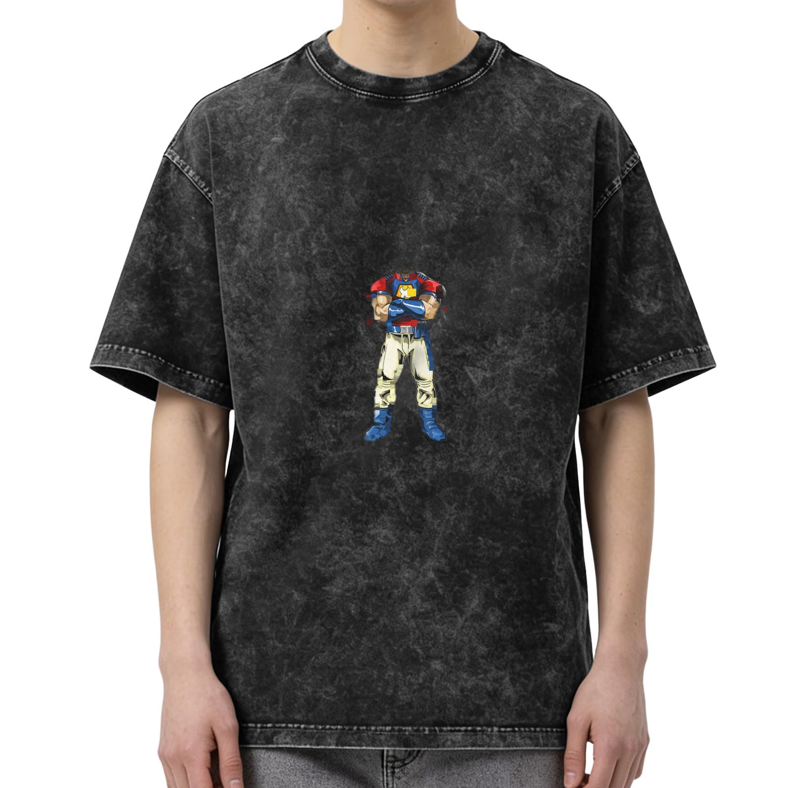 Oversized Dark Wash T-Shirt With Cartoon Character Print