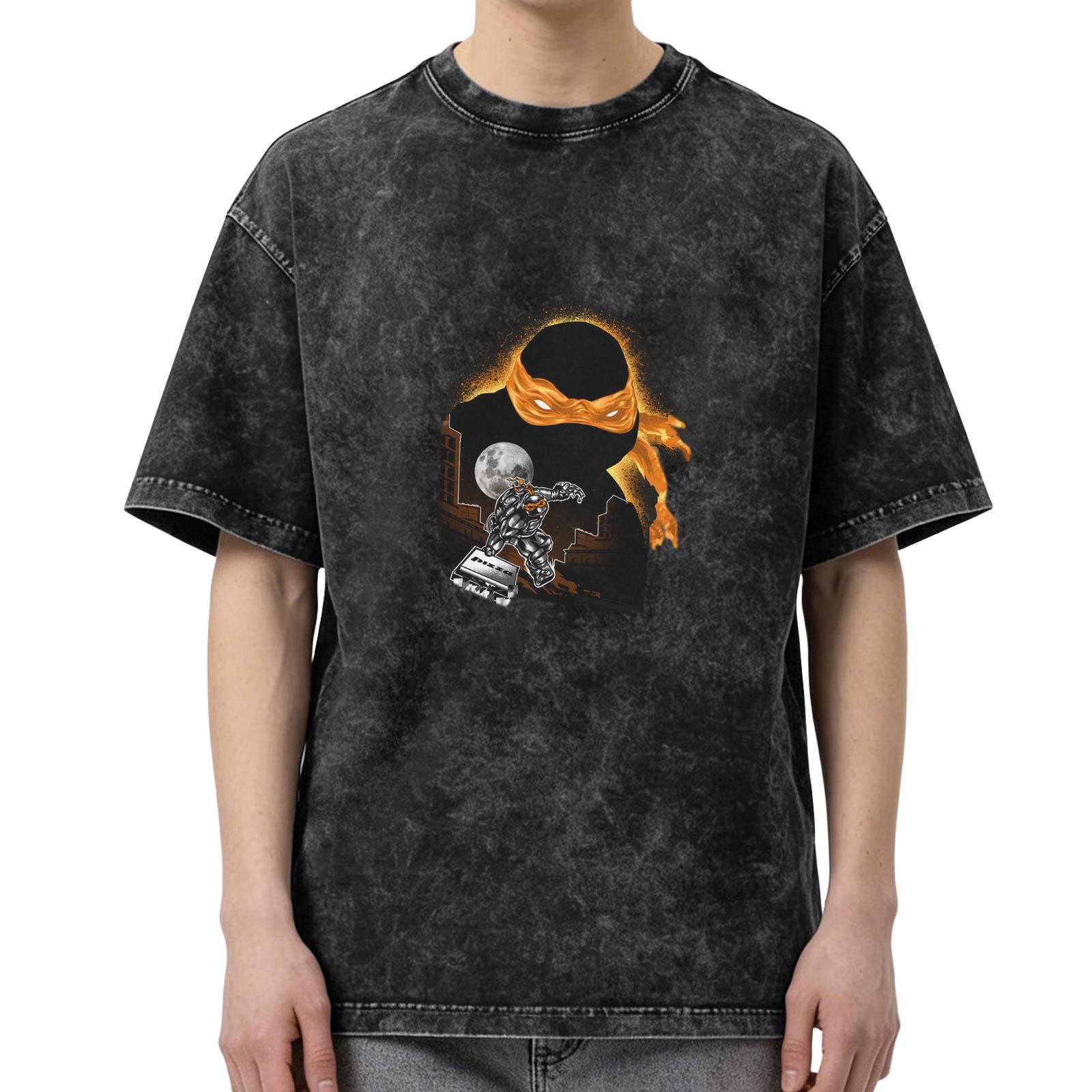 oversized washed black t-shirt with ninja turtle graphic