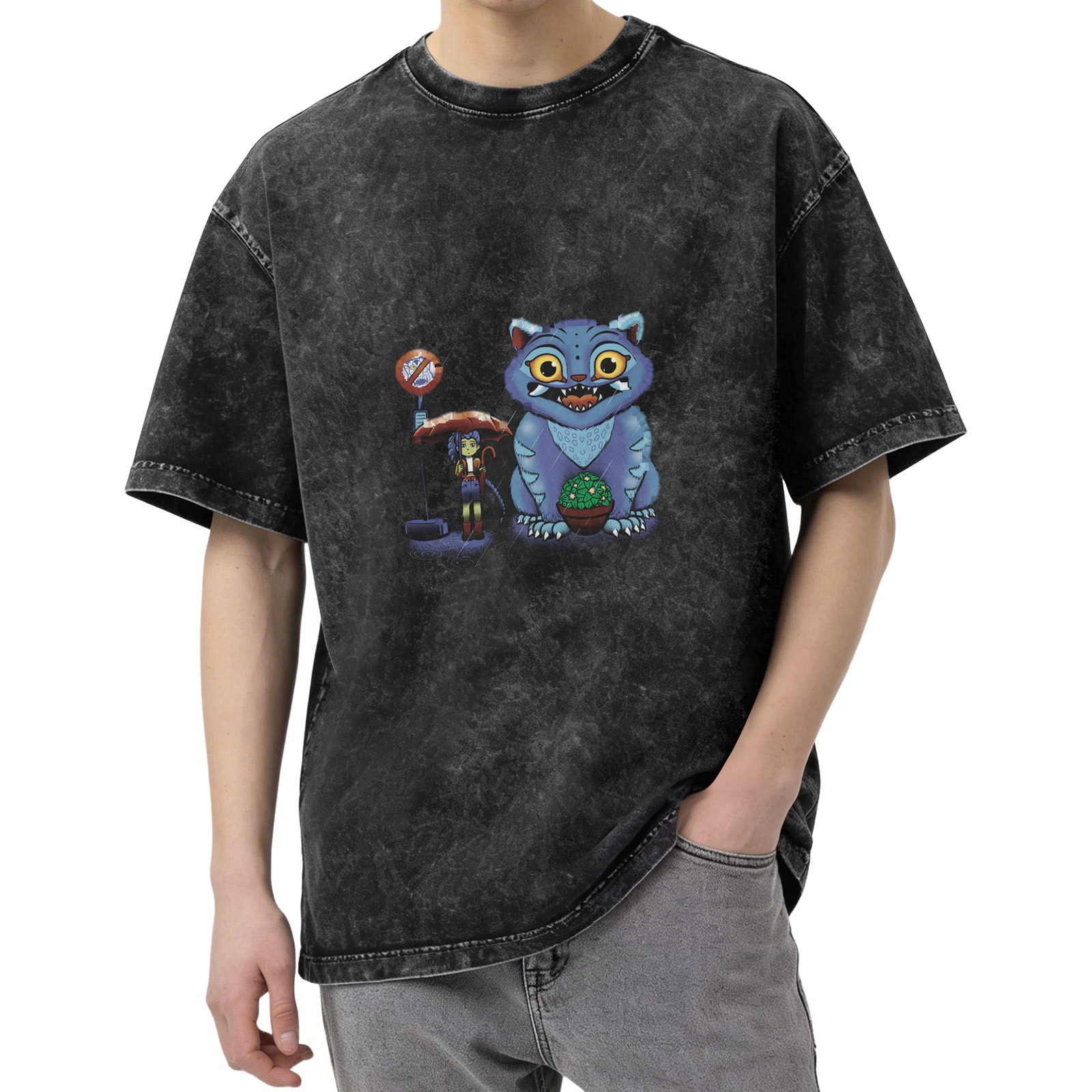 Distressed black loose short-sleeved T-shirt Cartoon blue cat monster print design Personalized trendy casual top