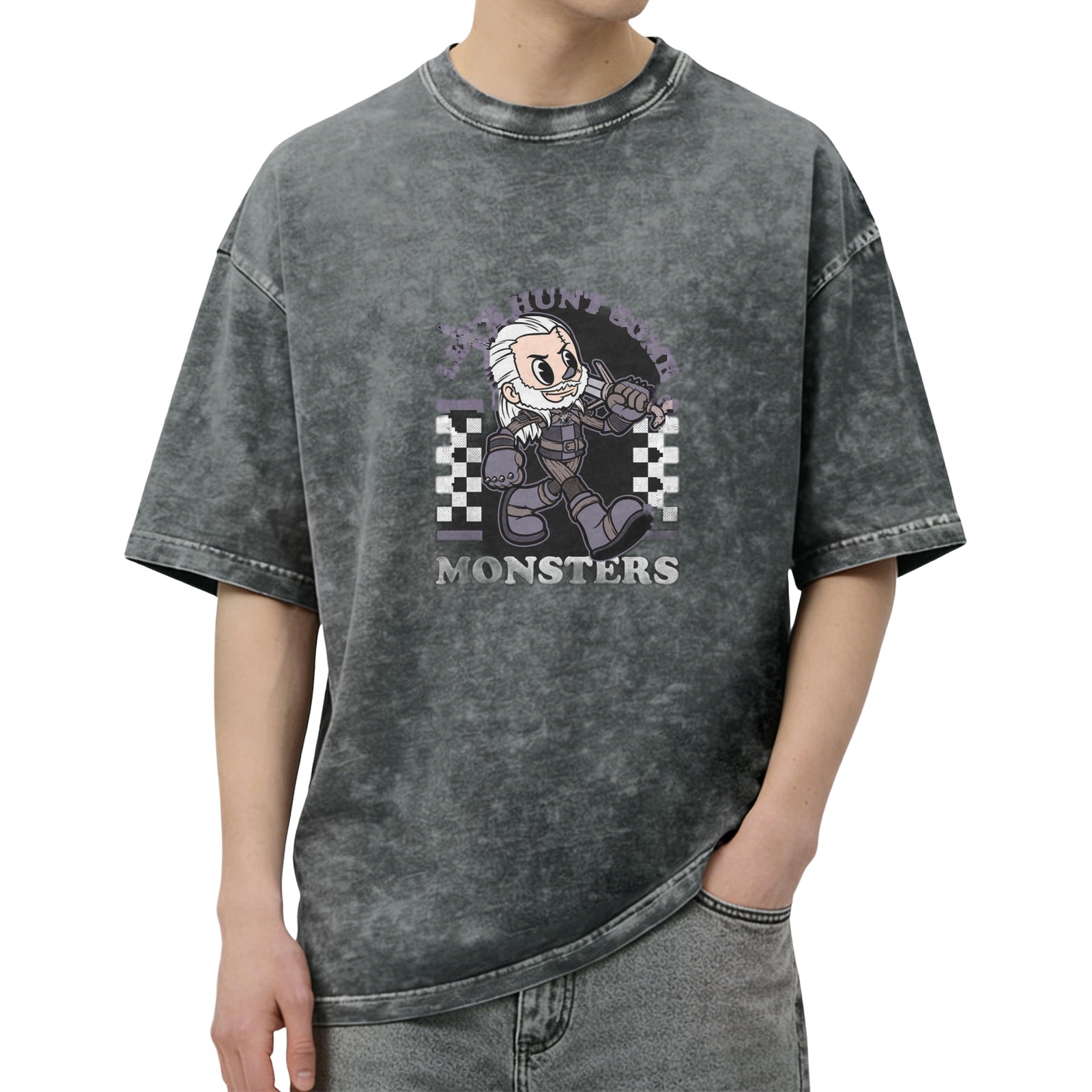 Witcher monster hunt cartoon graphic acid wash t-shirt