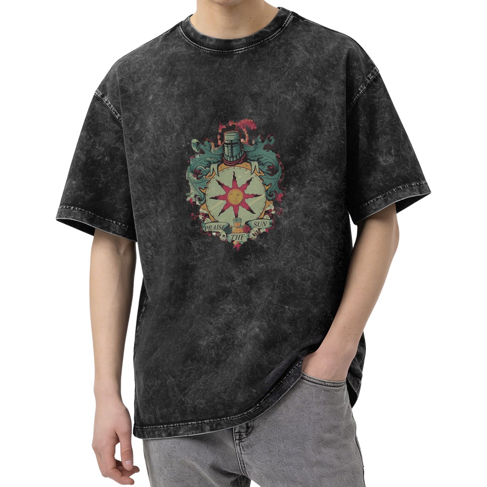 Dark Souls Praise The Sun Solaire Acid Wash Oversized T-Shirt