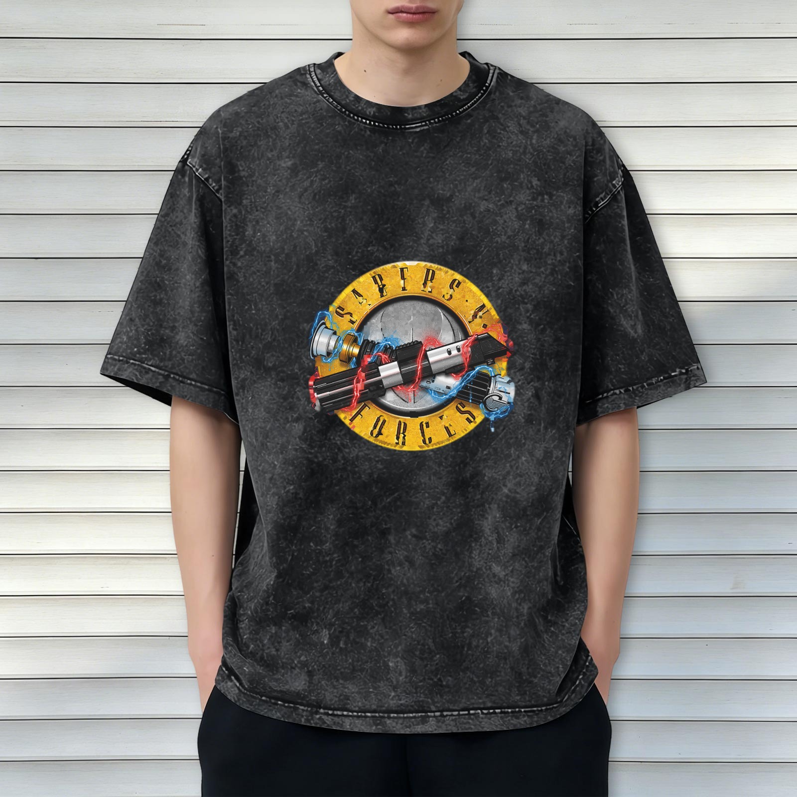 Oversized Acid-Wash T-Shirt with 'Saber's Forces' Lightsaber Graphic Print