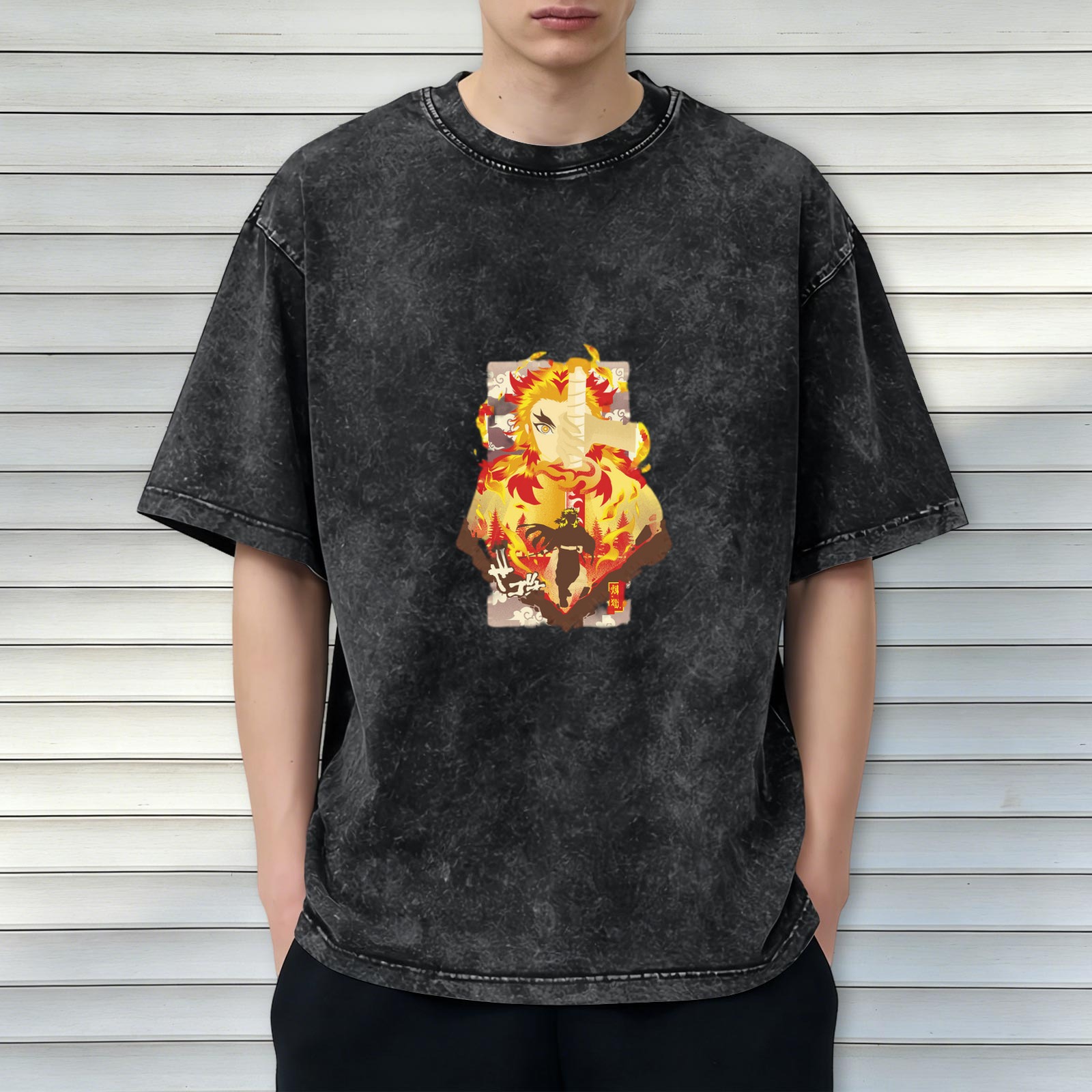 Demon Slayer Kyojuro Rengoku Flame Hashira Anime Graphic Oversized Vintage Wash T-Shirt