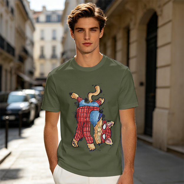 Olive T-Shirt With Playful Spider Cat Superhero Graphic Print