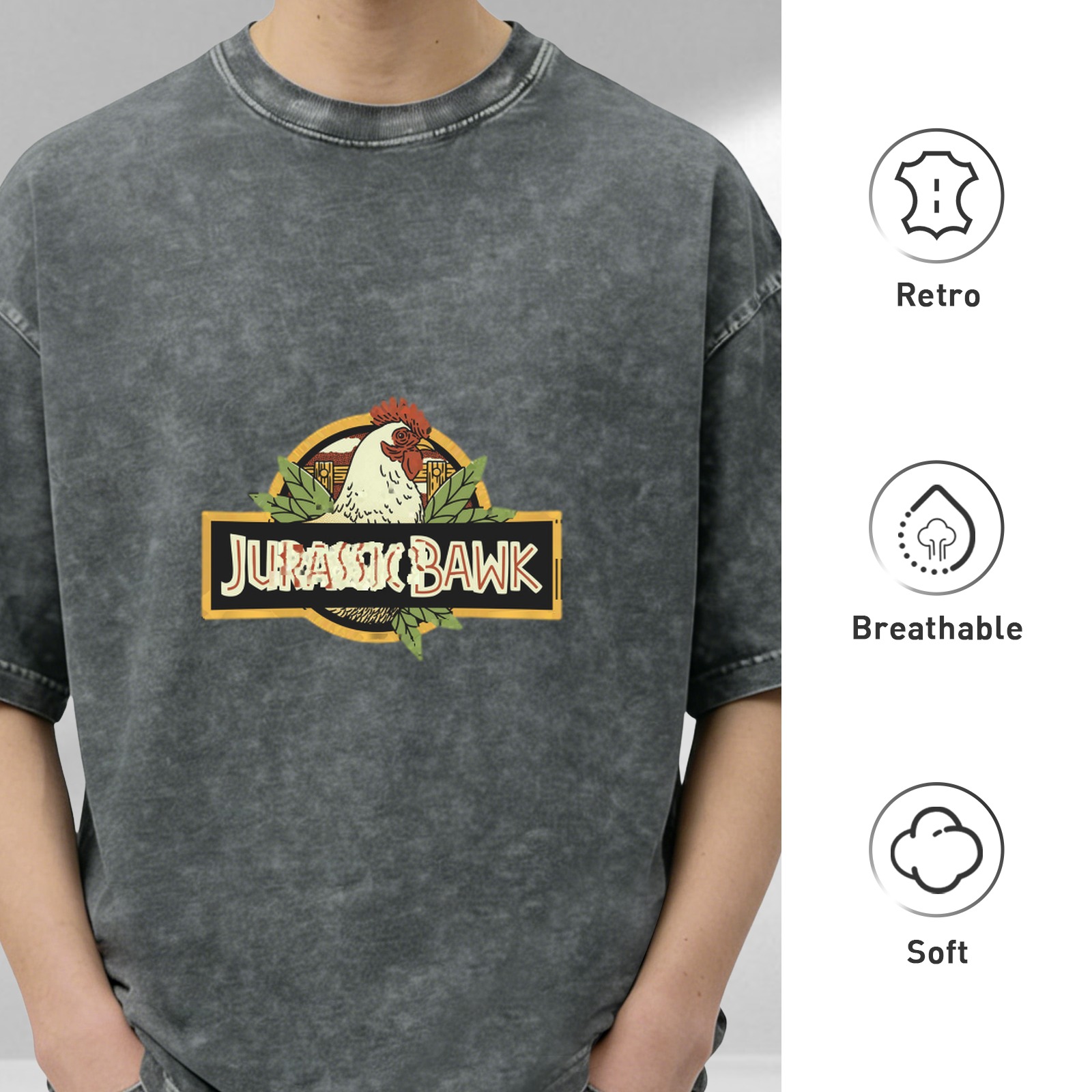Washed Black T-Shirt with Jurassic Bawk Chicken Graphic