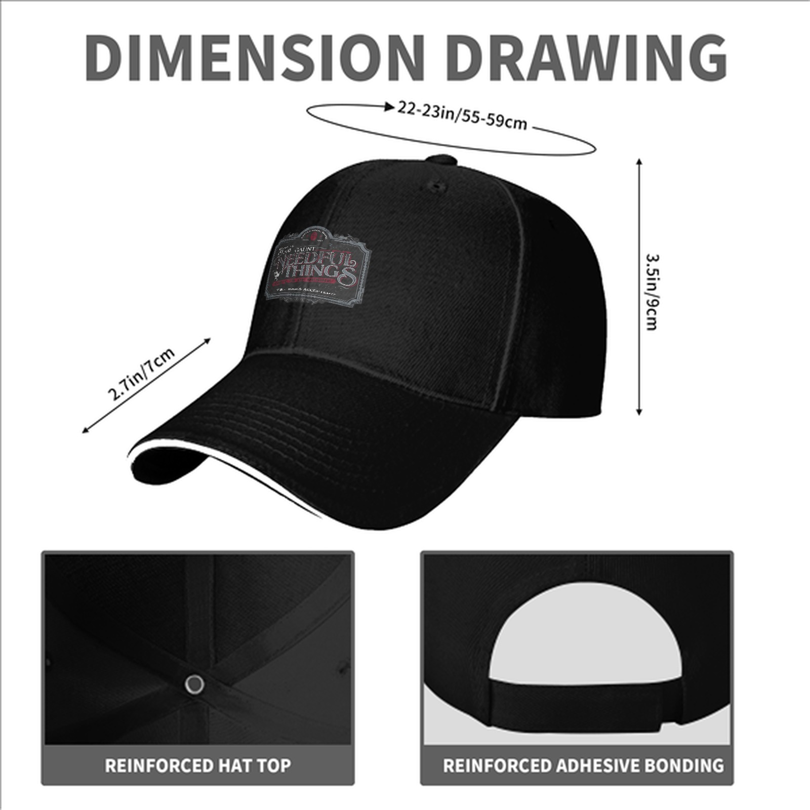 Black baseball cap with Needful Things themed graphic