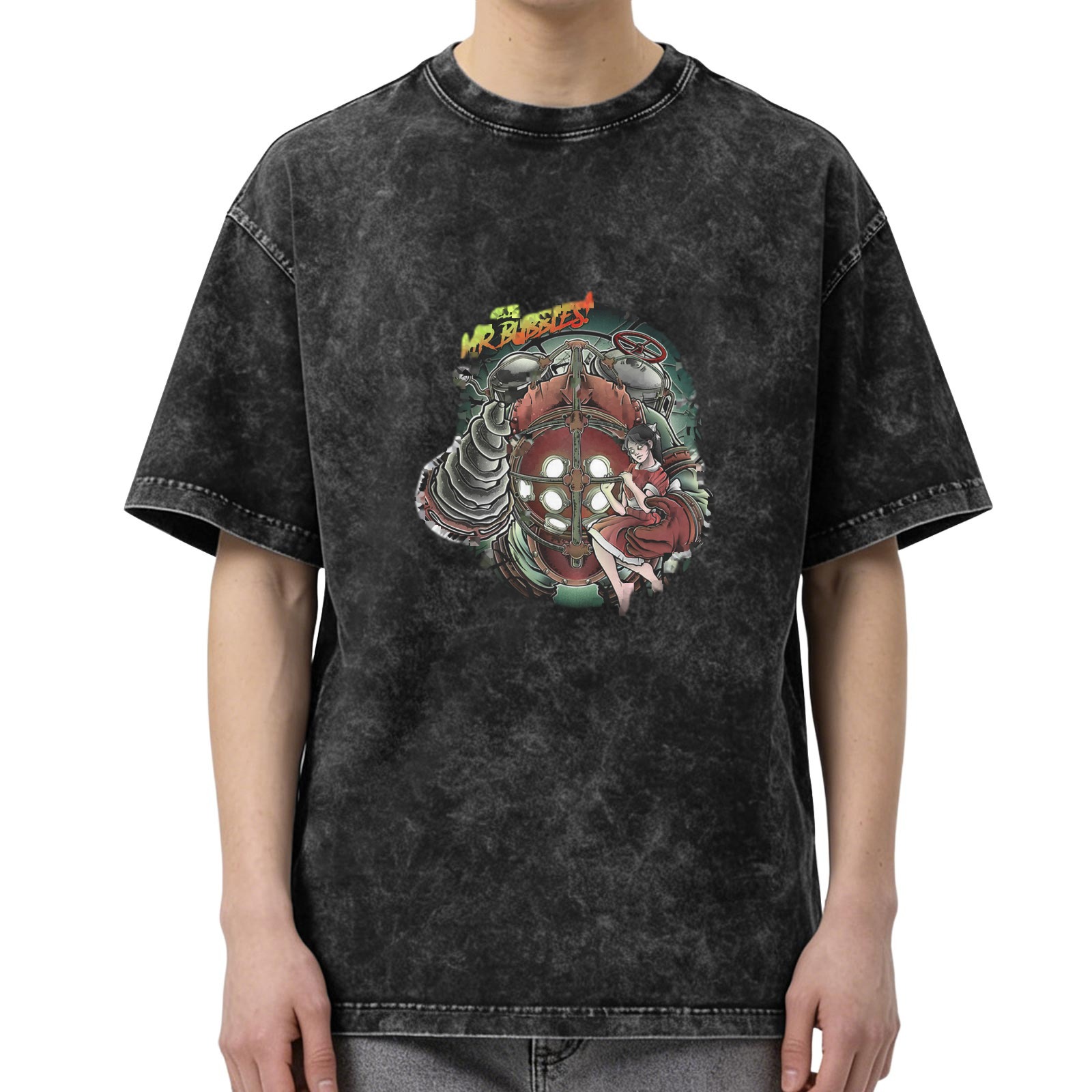 Washed Black Oversized T-Shirt With Mr Bubbles Bioshock Graphic